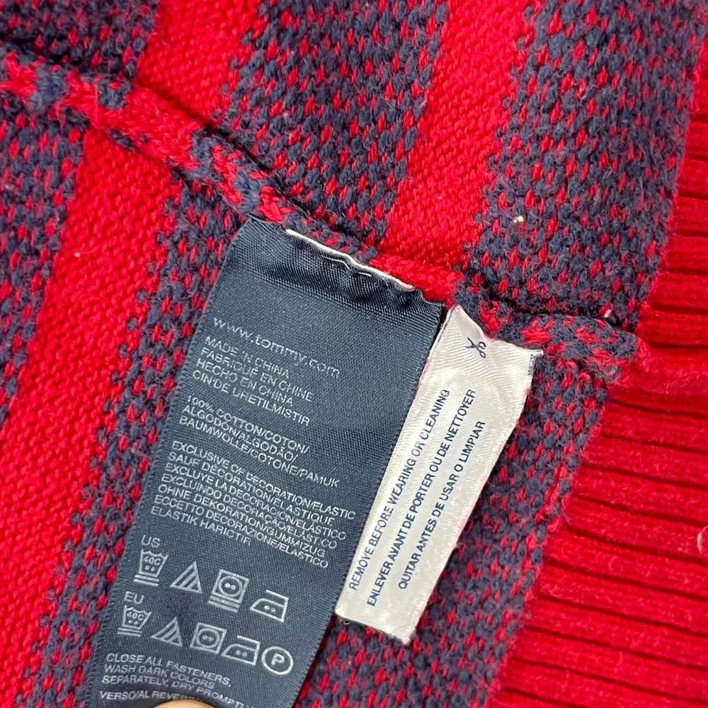 GUC Tommy Hilfiger Mens Red Navy Striped Full Zip Cotton Cardigan Sweater Size L